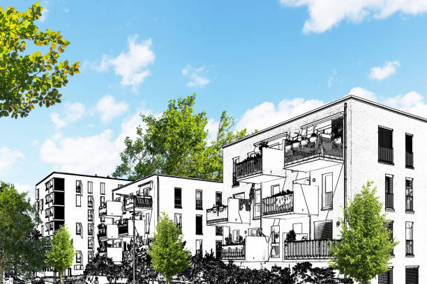 drawing sketch of a residential area with modern apartment buildings, new green urban landscape in the city - plan d'urbanisme photos et images de collection