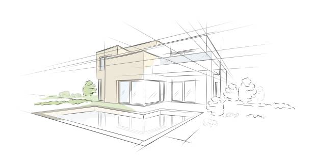 illustrations, cliparts, dessins animés et icônes de illustration vectorielle de croquis architecturaux linéaires projet maison individuelle - esquisse architecture